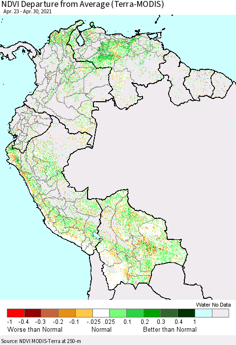 Northern South America NDVI Departure from Average (MODIS-Terra) Thematic Map For 4/21/2021 - 4/30/2021