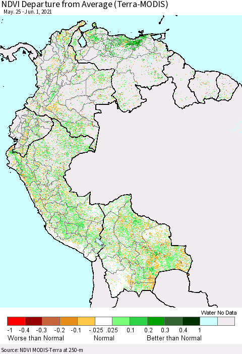 Northern South America NDVI Departure from Average (Terra-MODIS) Thematic Map For 5/25/2021 - 6/1/2021