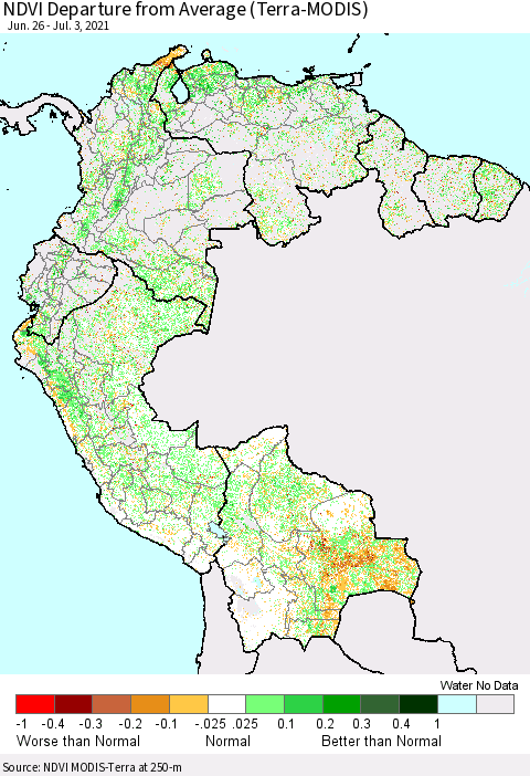 Northern South America NDVI Departure from Average (Terra-MODIS) Thematic Map For 6/26/2021 - 7/3/2021