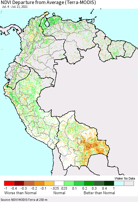 Northern South America NDVI Departure from Average (Terra-MODIS) Thematic Map For 7/4/2021 - 7/11/2021