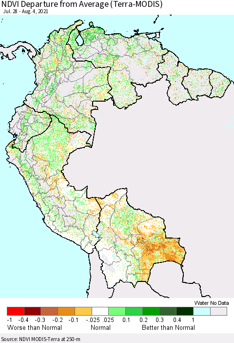 Northern South America NDVI Departure from Average (Terra-MODIS) Thematic Map For 7/28/2021 - 8/4/2021