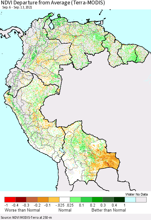 Northern South America NDVI Departure from Average (Terra-MODIS) Thematic Map For 9/6/2021 - 9/13/2021