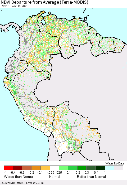 Northern South America NDVI Departure from Average (Terra-MODIS) Thematic Map For 11/9/2021 - 11/16/2021