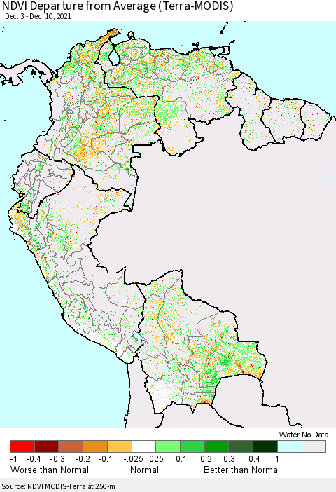 Northern South America NDVI Departure from Average (Terra-MODIS) Thematic Map For 12/3/2021 - 12/10/2021