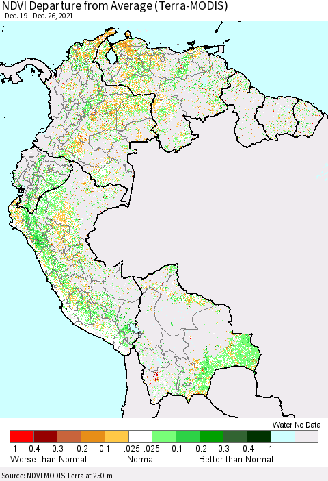 Northern South America NDVI Departure from Average (Terra-MODIS) Thematic Map For 12/19/2021 - 12/26/2021