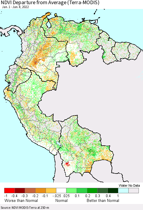Northern South America NDVI Departure from Average (Terra-MODIS) Thematic Map For 1/1/2022 - 1/8/2022
