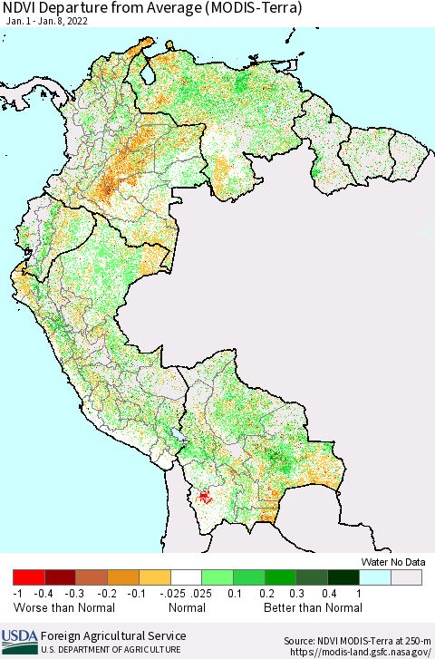 Northern South America NDVI Departure from Average (Terra-MODIS) Thematic Map For 1/1/2022 - 1/10/2022