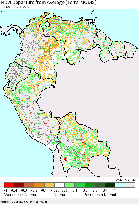 Northern South America NDVI Departure from Average (Terra-MODIS) Thematic Map For 1/9/2022 - 1/16/2022