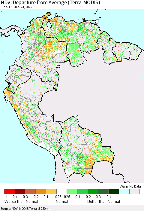 Northern South America NDVI Departure from Average (Terra-MODIS) Thematic Map For 1/17/2022 - 1/24/2022