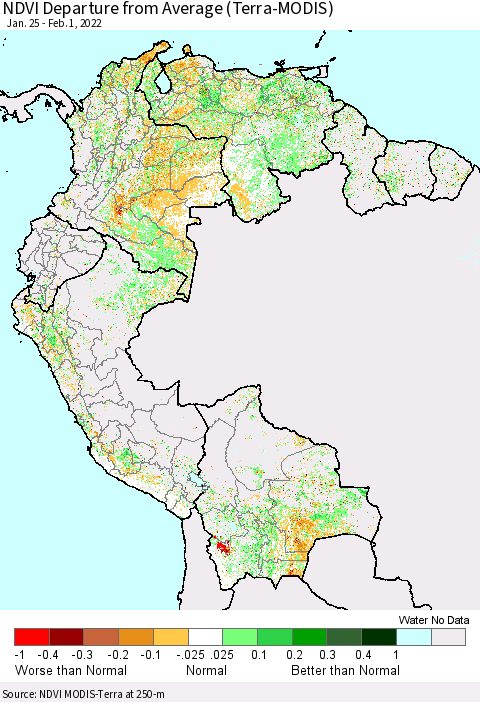 Northern South America NDVI Departure from Average (Terra-MODIS) Thematic Map For 1/25/2022 - 2/1/2022