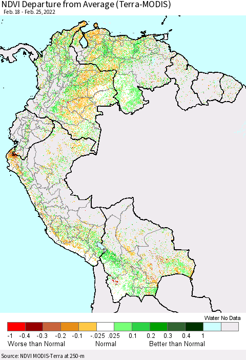 Northern South America NDVI Departure from Average (Terra-MODIS) Thematic Map For 2/18/2022 - 2/25/2022