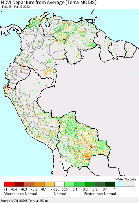 Northern South America NDVI Departure from Average (Terra-MODIS) Thematic Map For 2/26/2022 - 3/5/2022