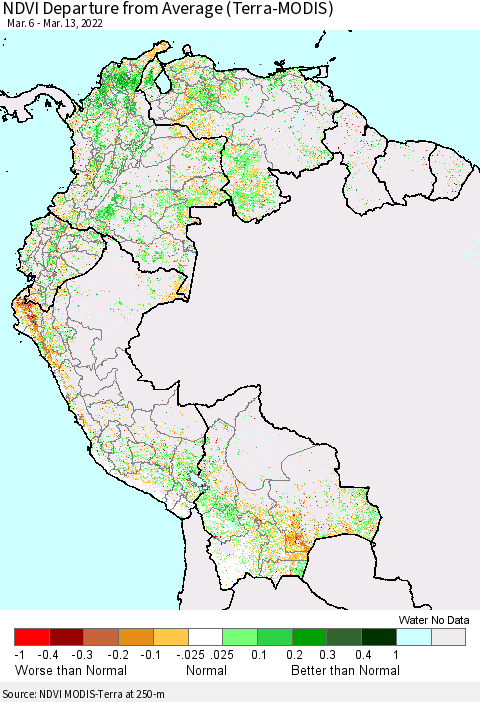 Northern South America NDVI Departure from Average (Terra-MODIS) Thematic Map For 3/6/2022 - 3/13/2022