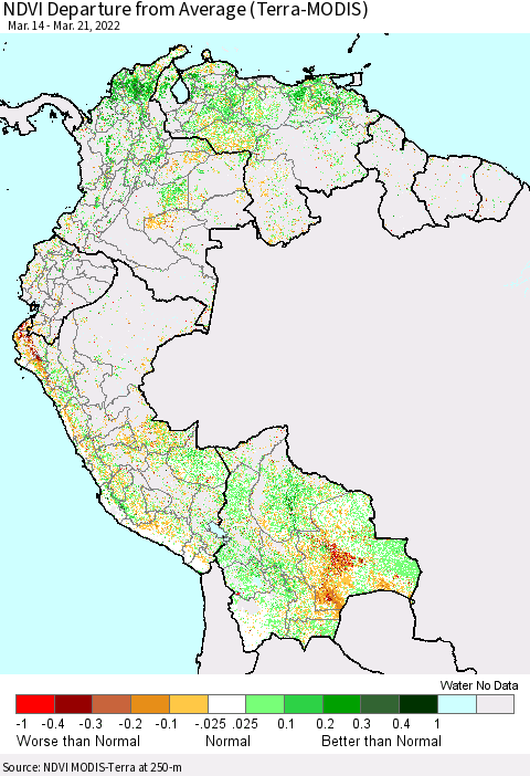 Northern South America NDVI Departure from Average (Terra-MODIS) Thematic Map For 3/14/2022 - 3/21/2022
