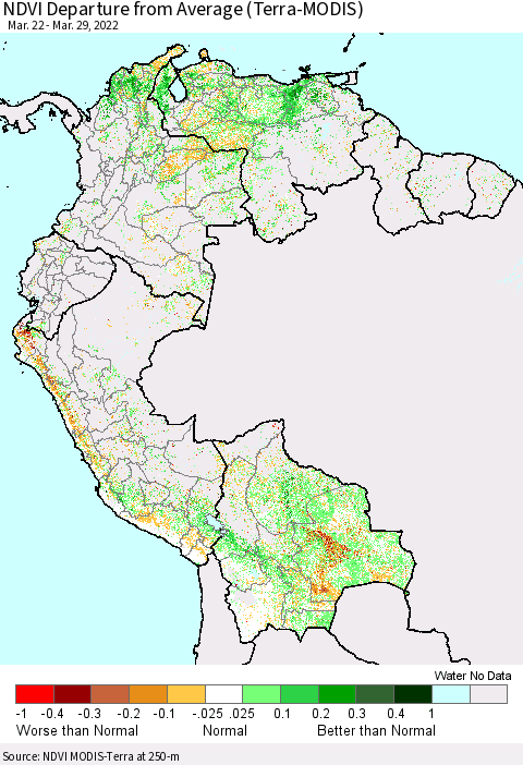 Northern South America NDVI Departure from Average (Terra-MODIS) Thematic Map For 3/22/2022 - 3/29/2022