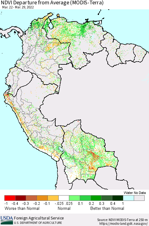 Northern South America NDVI Departure from Average (Terra-MODIS) Thematic Map For 3/21/2022 - 3/31/2022