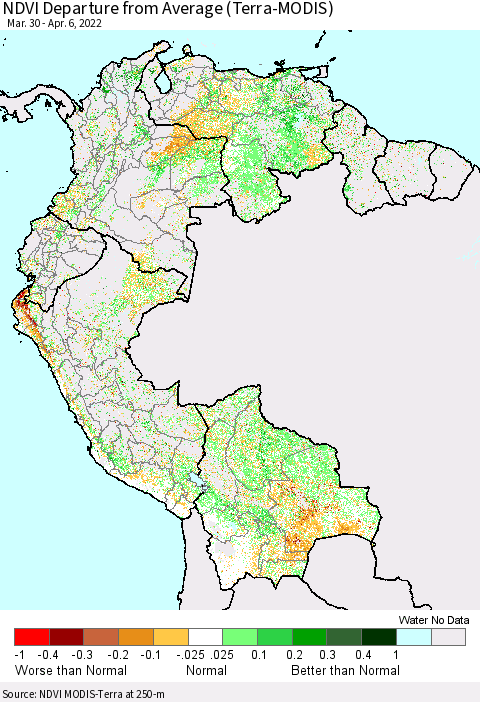 Northern South America NDVI Departure from Average (Terra-MODIS) Thematic Map For 3/30/2022 - 4/6/2022