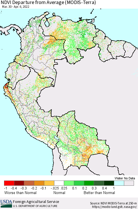 Northern South America NDVI Departure from Average (Terra-MODIS) Thematic Map For 4/1/2022 - 4/10/2022