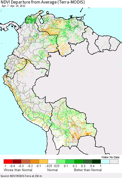 Northern South America NDVI Departure from Average (Terra-MODIS) Thematic Map For 4/7/2022 - 4/14/2022