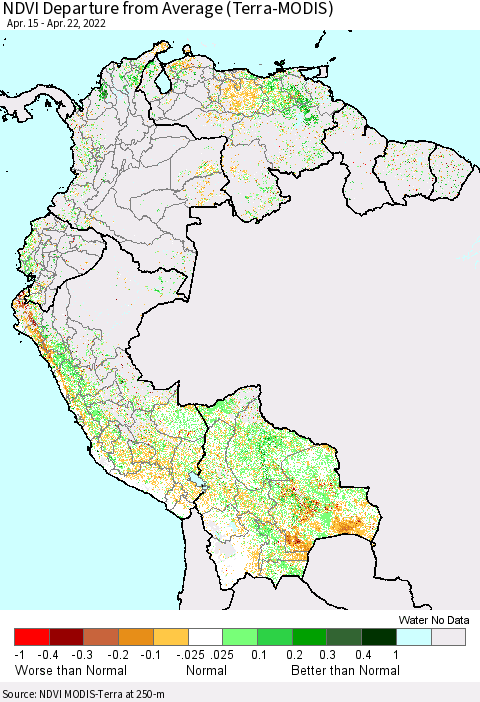 Northern South America NDVI Departure from Average (Terra-MODIS) Thematic Map For 4/15/2022 - 4/22/2022