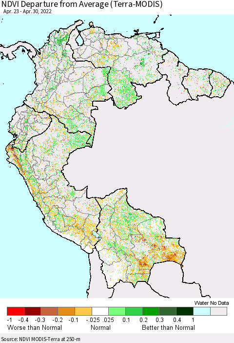 Northern South America NDVI Departure from Average (Terra-MODIS) Thematic Map For 4/21/2022 - 4/30/2022