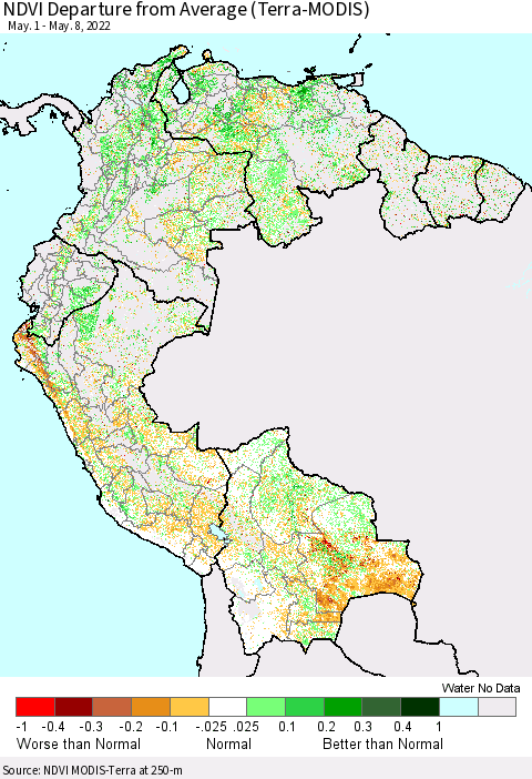 Northern South America NDVI Departure from Average (Terra-MODIS) Thematic Map For 5/1/2022 - 5/8/2022