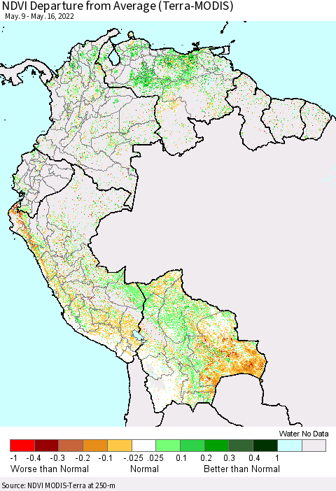 Northern South America NDVI Departure from Average (Terra-MODIS) Thematic Map For 5/9/2022 - 5/16/2022