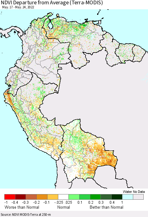Northern South America NDVI Departure from Average (Terra-MODIS) Thematic Map For 5/17/2022 - 5/24/2022