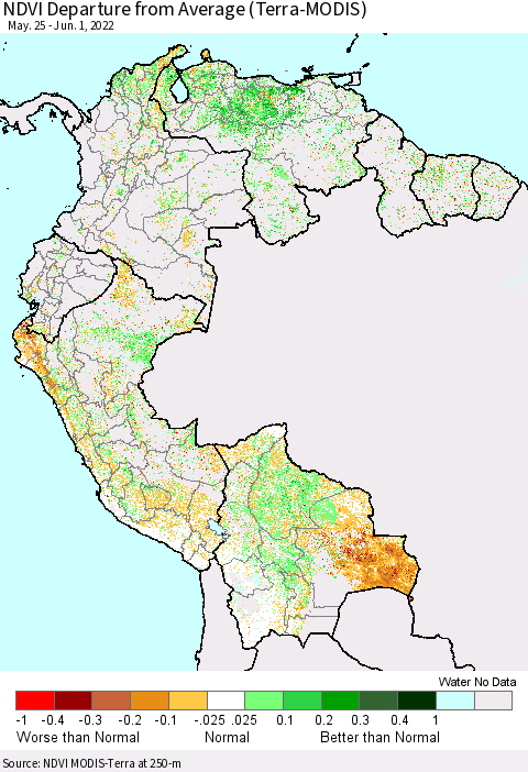 Northern South America NDVI Departure from Average (Terra-MODIS) Thematic Map For 5/25/2022 - 6/1/2022
