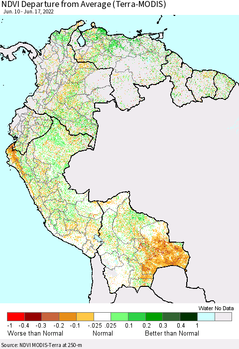 Northern South America NDVI Departure from Average (Terra-MODIS) Thematic Map For 6/10/2022 - 6/17/2022