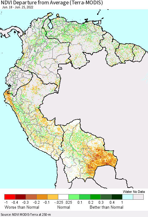 Northern South America NDVI Departure from Average (Terra-MODIS) Thematic Map For 6/18/2022 - 6/25/2022