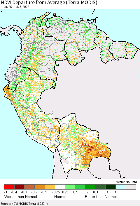 Northern South America NDVI Departure from Average (Terra-MODIS) Thematic Map For 6/26/2022 - 7/3/2022
