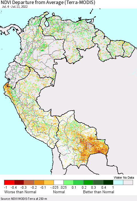 Northern South America NDVI Departure from Average (Terra-MODIS) Thematic Map For 7/4/2022 - 7/11/2022