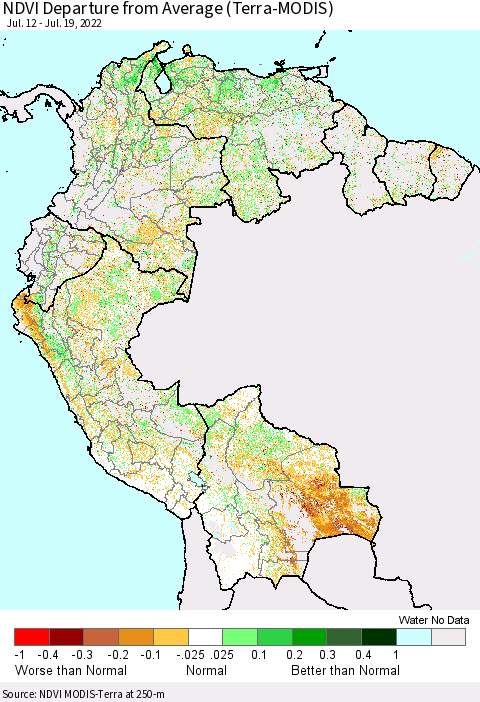 Northern South America NDVI Departure from Average (Terra-MODIS) Thematic Map For 7/12/2022 - 7/19/2022