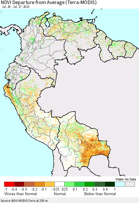 Northern South America NDVI Departure from Average (Terra-MODIS) Thematic Map For 7/20/2022 - 7/27/2022