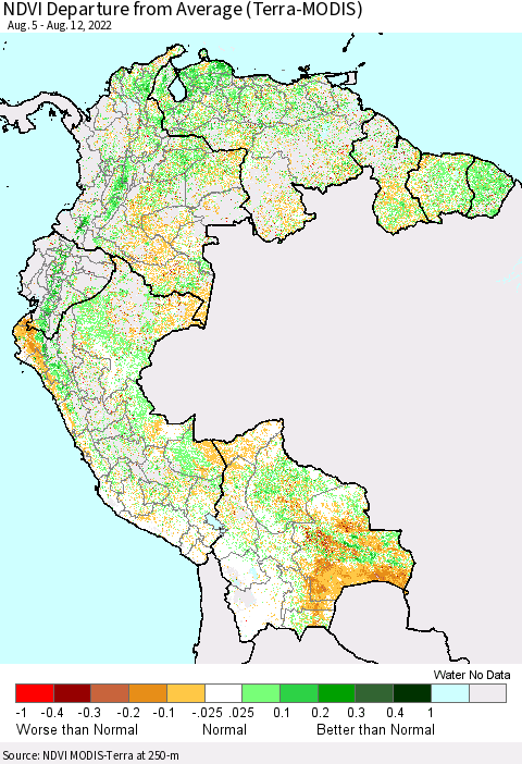 Northern South America NDVI Departure from Average (Terra-MODIS) Thematic Map For 8/5/2022 - 8/12/2022