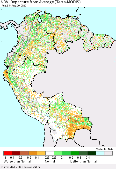 Northern South America NDVI Departure from Average (Terra-MODIS) Thematic Map For 8/13/2022 - 8/20/2022