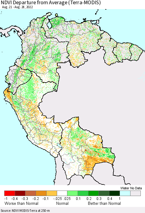 Northern South America NDVI Departure from Average (Terra-MODIS) Thematic Map For 8/21/2022 - 8/28/2022