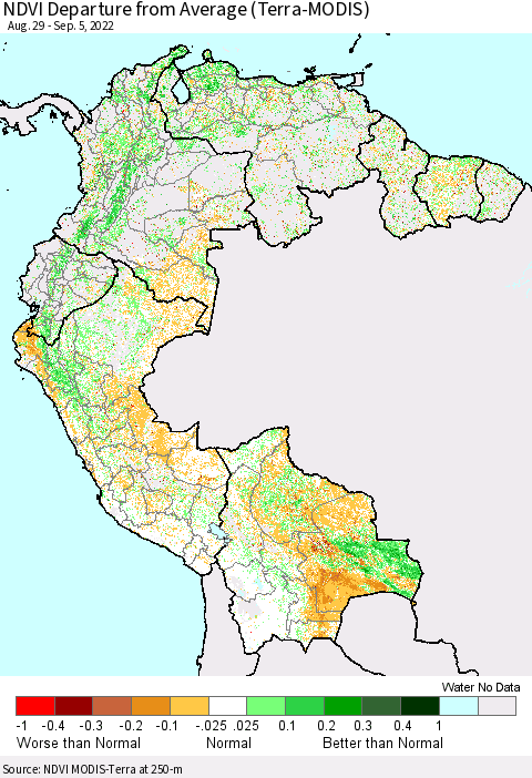 Northern South America NDVI Departure from Average (Terra-MODIS) Thematic Map For 8/29/2022 - 9/5/2022