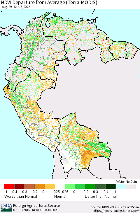 Northern South America NDVI Departure from Average (Terra-MODIS) Thematic Map For 9/1/2022 - 9/10/2022