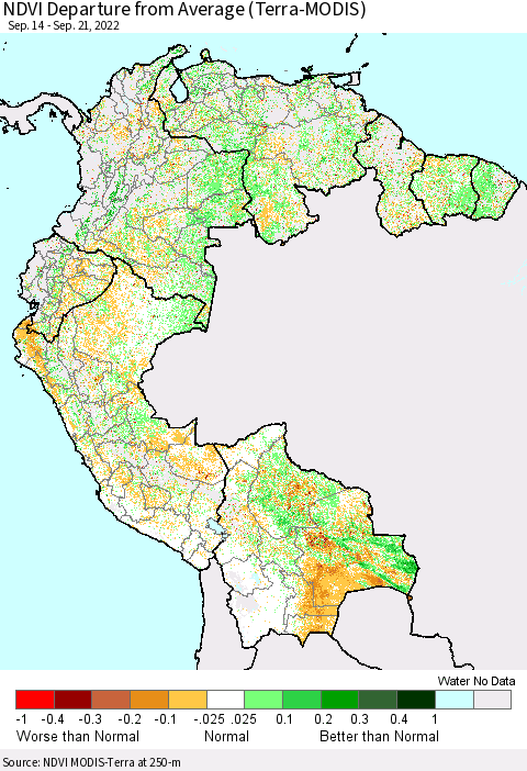 Northern South America NDVI Departure from Average (Terra-MODIS) Thematic Map For 9/14/2022 - 9/21/2022