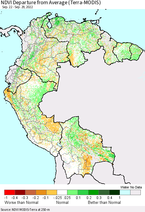 Northern South America NDVI Departure from Average (Terra-MODIS) Thematic Map For 9/22/2022 - 9/29/2022