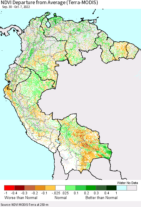 Northern South America NDVI Departure from Average (Terra-MODIS) Thematic Map For 9/30/2022 - 10/7/2022