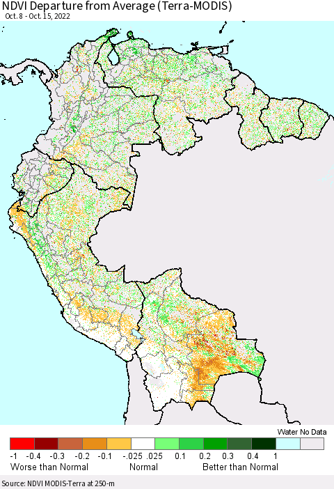 Northern South America NDVI Departure from Average (Terra-MODIS) Thematic Map For 10/8/2022 - 10/15/2022