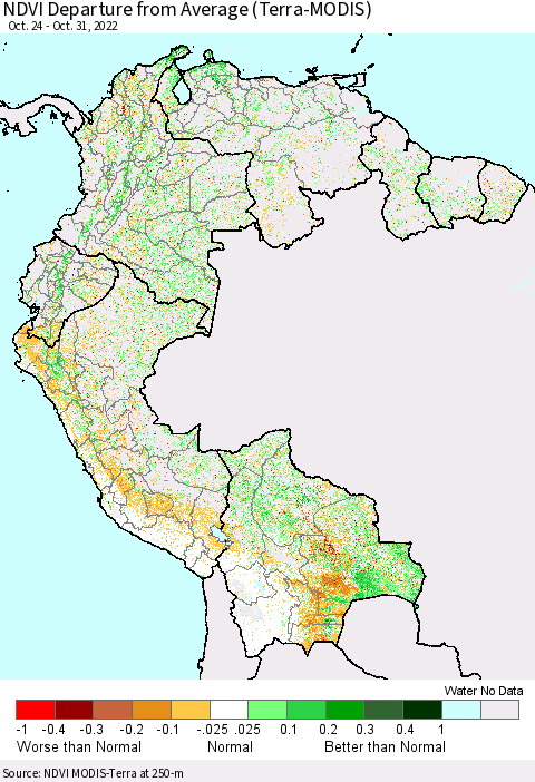 Northern South America NDVI Departure from Average (Terra-MODIS) Thematic Map For 10/24/2022 - 10/31/2022