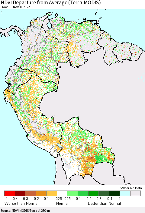 Northern South America NDVI Departure from Average (Terra-MODIS) Thematic Map For 11/1/2022 - 11/8/2022