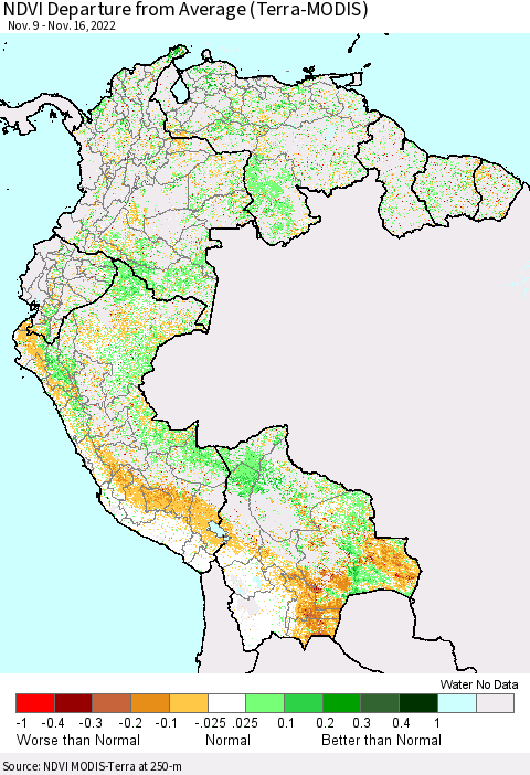 Northern South America NDVI Departure from Average (Terra-MODIS) Thematic Map For 11/9/2022 - 11/16/2022
