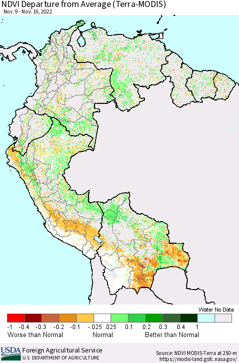 Northern South America NDVI Departure from Average (Terra-MODIS) Thematic Map For 11/11/2022 - 11/20/2022