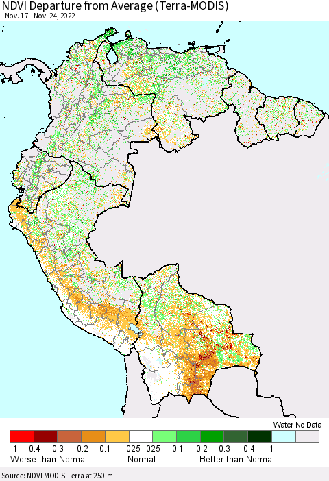 Northern South America NDVI Departure from Average (Terra-MODIS) Thematic Map For 11/17/2022 - 11/24/2022
