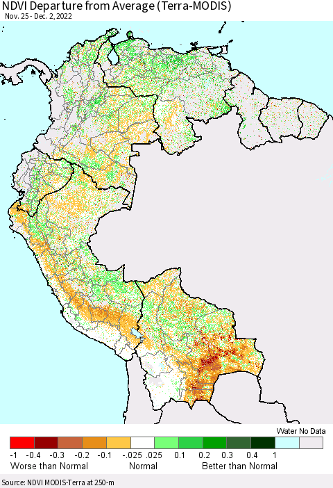 Northern South America NDVI Departure from Average (Terra-MODIS) Thematic Map For 11/25/2022 - 12/2/2022